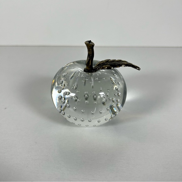 Clear Glass Apple Paperweight W/Brass Stem & Leaf Controlled Bubbles Vintage - Picture 1 of 6
